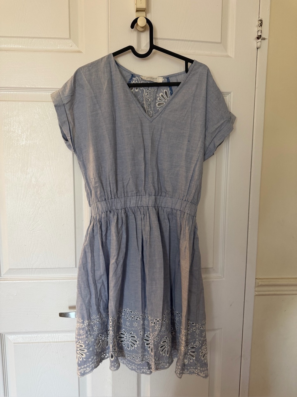 Promod Light Blue V-Neck Mini Dress with White Eyelet Hem
